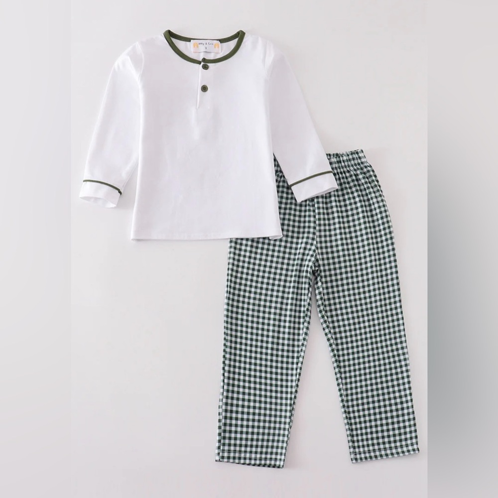 NWOT Abby & Evie Boys White and Green Gingham Pajama Set Size 5